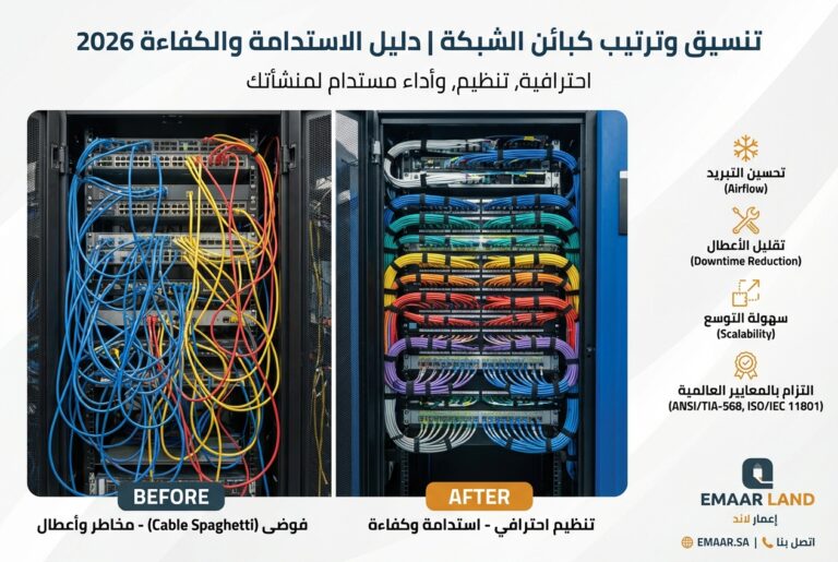 دليل تنسيق وترتيب كبائن الشبكة (Rack Management) 2026 | إعمار لاند