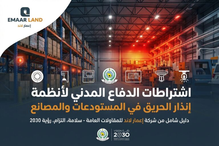 دليل شامل حول اشتراطات الدفاع المدني لأنظمة إنذار الحريق في المستودعات والمصانع السعودية. تعرف على معايير الكود السعودي وسُبل نيل رخصة سلامة مع إعمار لاند.