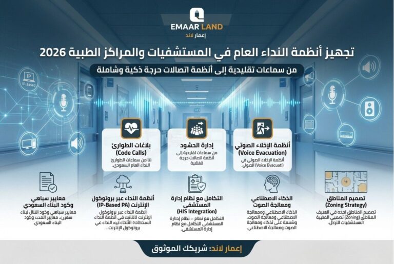 تجهيز أنظمة النداء العام (PA) للمستشفيات السعودية 2026 | إعمار ل