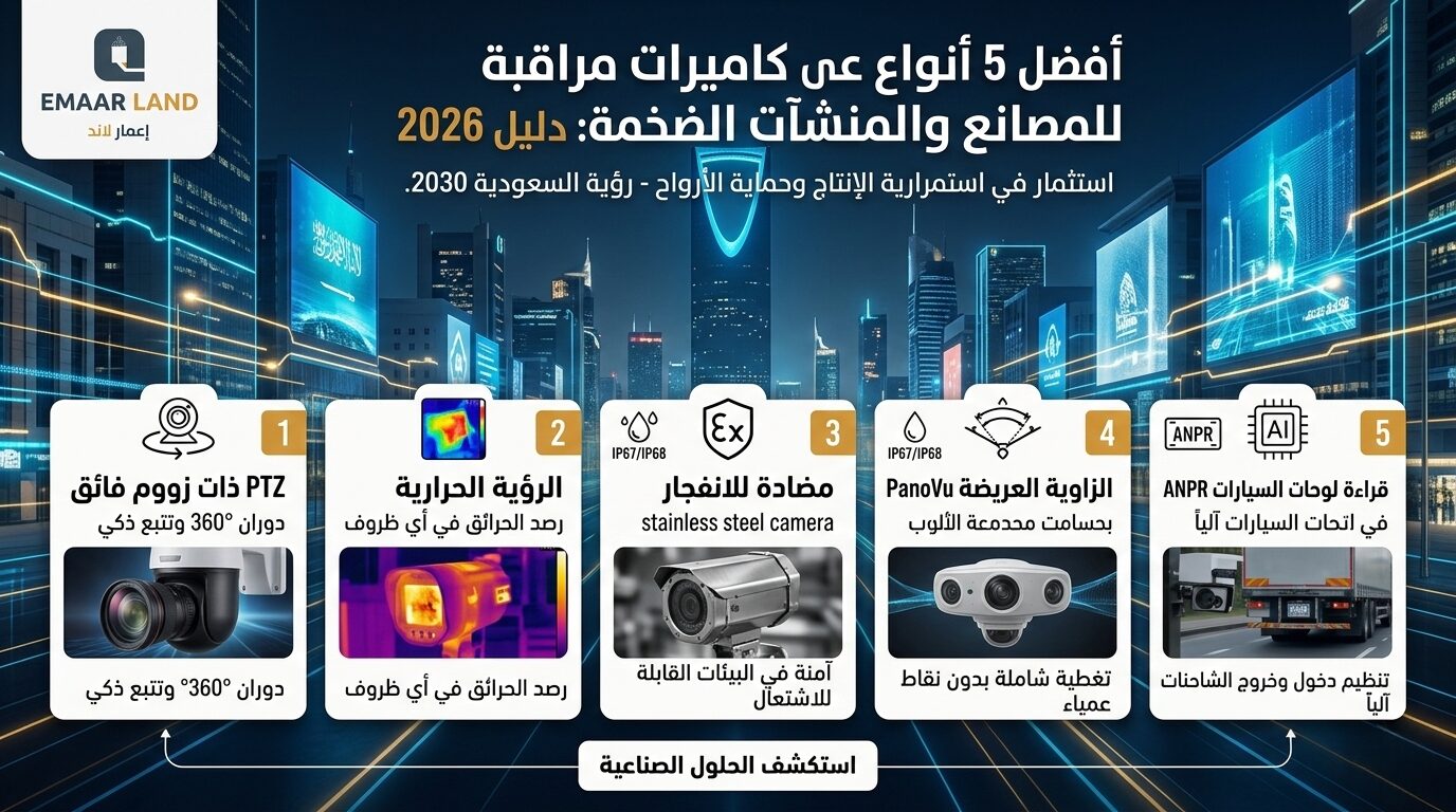 أفضل 5 أنواع كاميرات مراقبة للمصانع والمنشآت الضخمة: دليل 2026