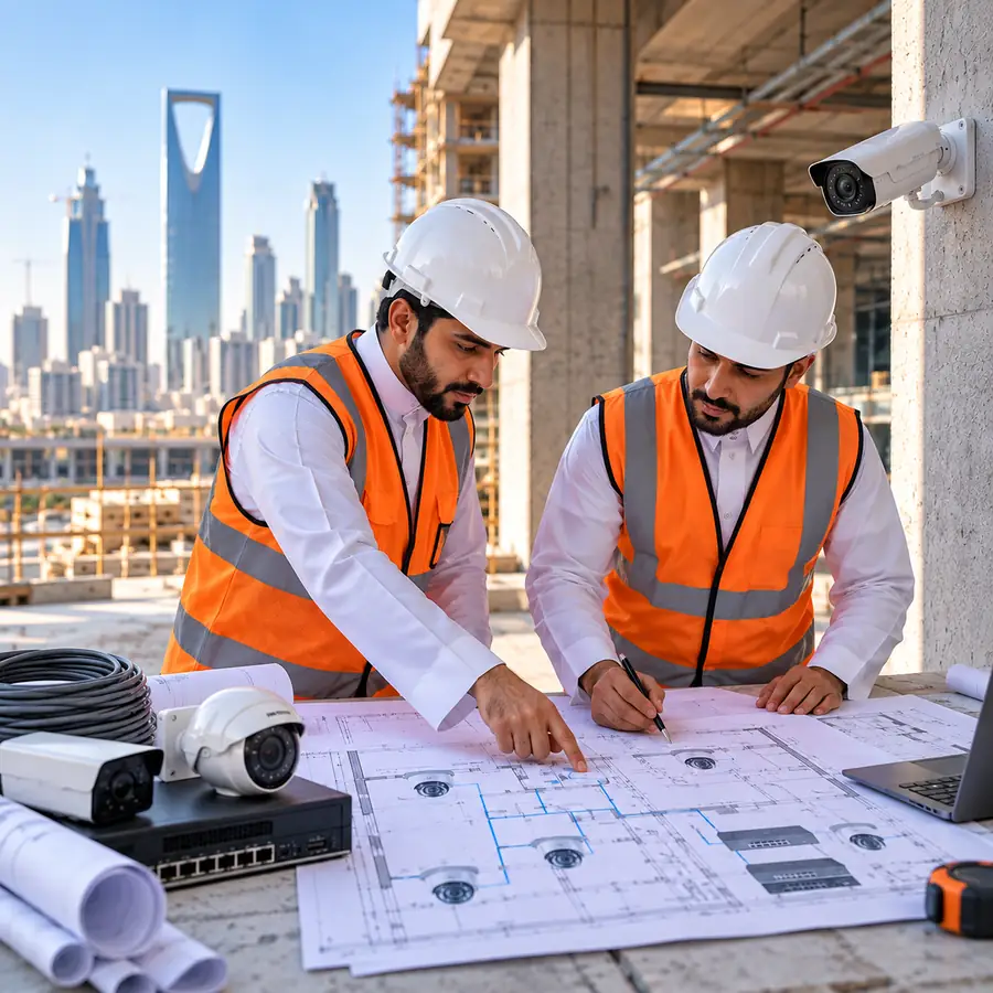 مهندسان يراجعان مخططات توزيع كاميرات المراقبة والشبكات في موقع مشروع